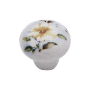 Pomolo in porcellana Ø26mm bianco con fiore ibisco