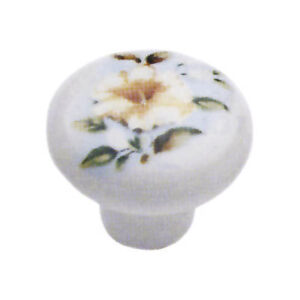 Pomolo in porcellana Ø30mm bianco con fiore ibisco