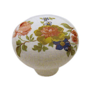 Pomolo in porcellana Ø30 bianco con fiori rosa