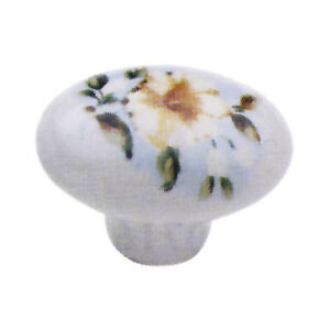 Pomolo ovale in porcellana bianco con fiore ibisco