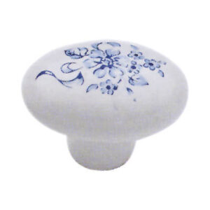 Pomolo ovale in porcellana bianco con fiori blu
