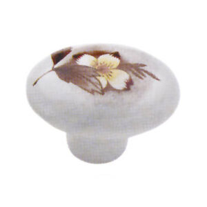 Pomolo ovale in porcellana bianco con fiore marrone